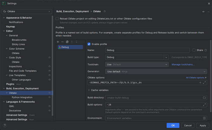 CMake configuration in CLion